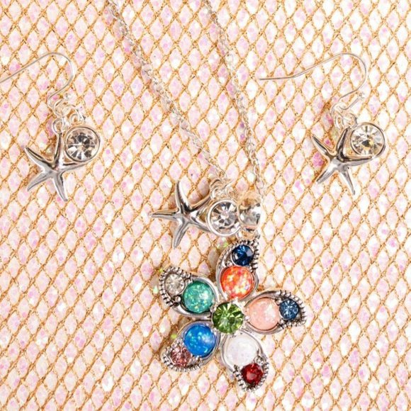 ❤️NWT BOUTIQUE BY THE BAY MULTI-COLOR STARFISH NECKLACE AND EARRING SET - Picture 1 of 3